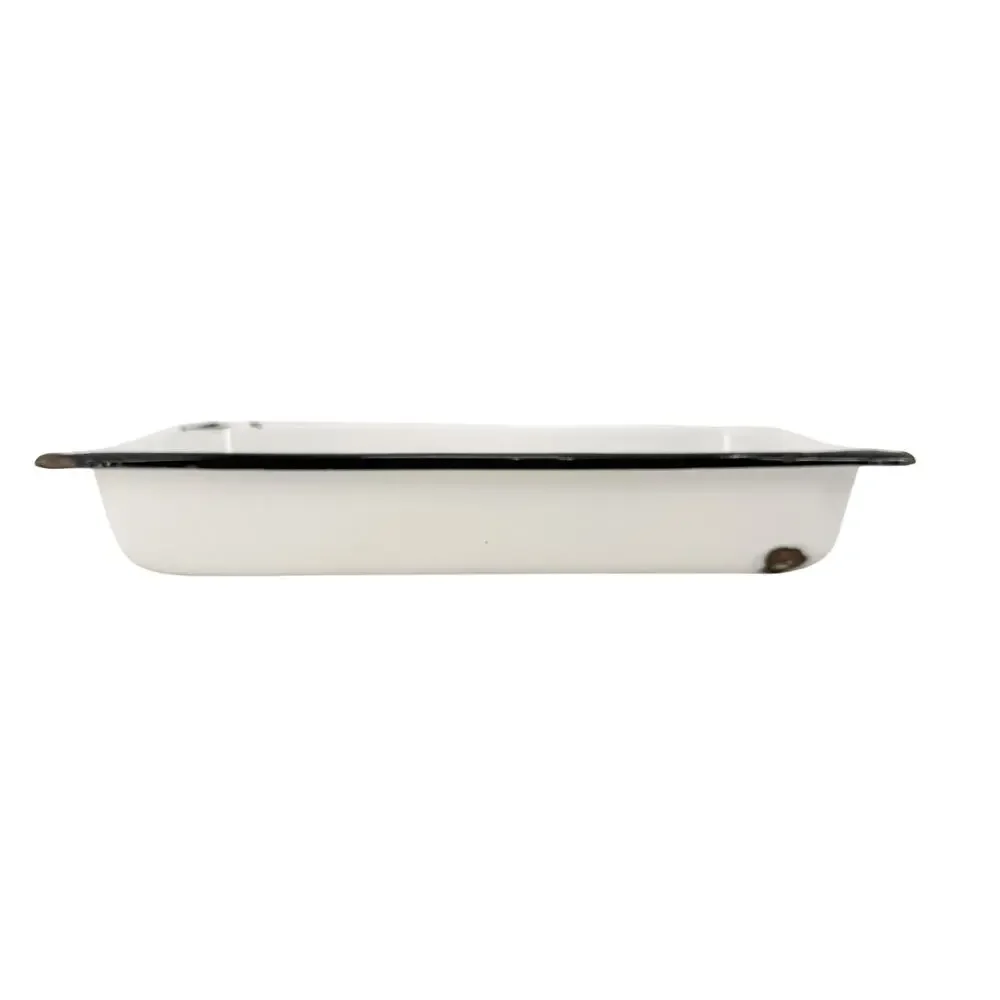 vintage white enamelware Baking Pan large rectangular tray black trim